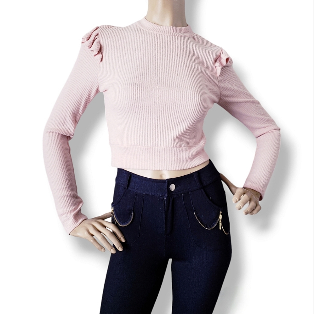 Heart & Hips Baby Pink Ribbed Ruffled Shoulder Cropped Sweater Top